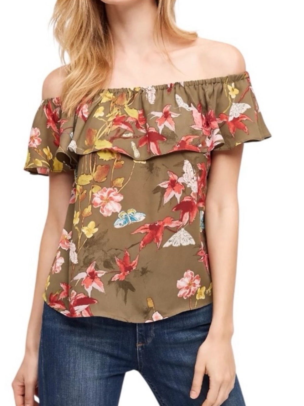 Maeve Olive Floral Off-Shoulder Ruffle Blouse